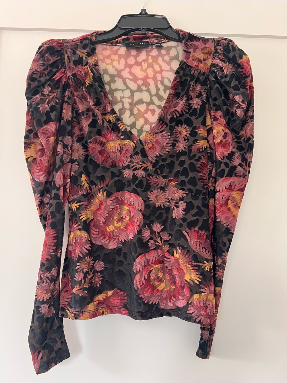 Ted Baker Floral V-Neck Long Sleeve Blouse - Pink/Black